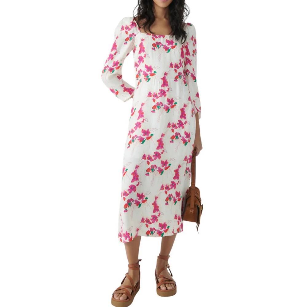 ba&sh Elonor Ecru Pink Floral Silk Midi Dress 0 Square Neck Romantic Cottagecore